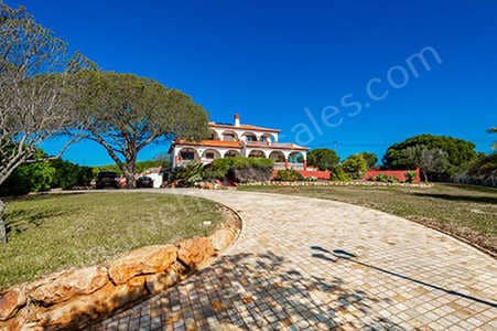 View from gate, up a driveway to a villa