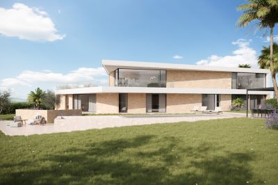 CGI of a villa with plenty of terrace, a large pool and decking in a garden
