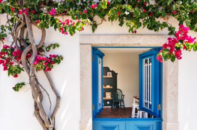 View of interior of cottage through blue stable door