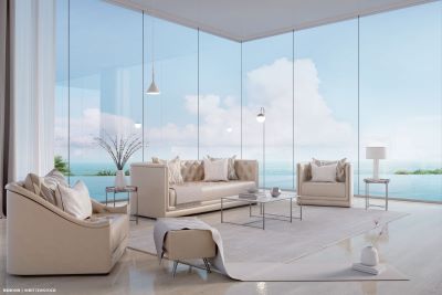 CGI of living room with floor to ceiling glass looking out to pool and sea