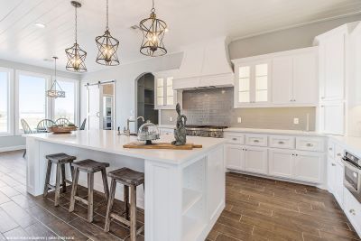 Bright modern fully-equipped kitchen with island and stools