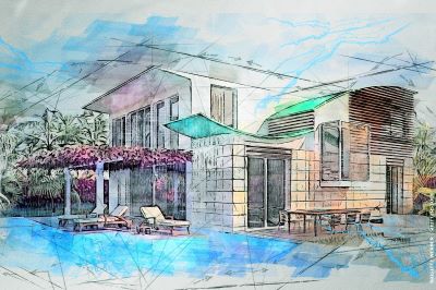 Architects drawing of villa with pool