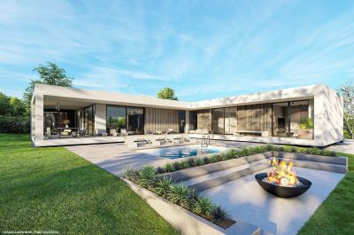 CGI of singl-storey villa with pool and firepit