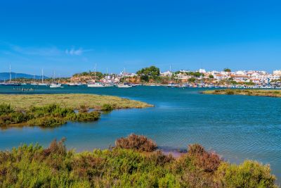 Salt-water lagoon with properties on shoreline in Algarve